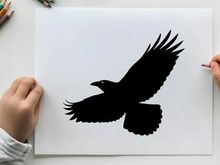 Silhouette of a bird in flight with outstretched wings and tail feathers