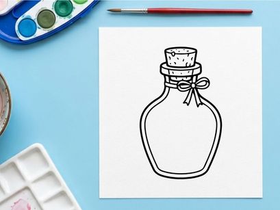 Botol ramuan kaca kosong dengan gabus. Coretan tangan sketsa kecil botol apotek vintage.