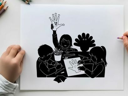 Children's hands making a colorful silhouette art project with a turkey