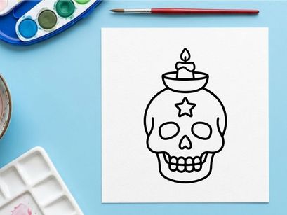 Halloween skull candle holder with lit flame. Spooky ceramic jar for festive autumn decor and gothic celebrations.