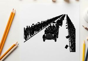 Silhouette of a military parade with soldiers and vehicles