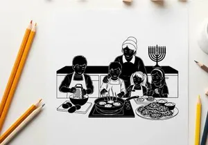 Family cooking together in a hanukkah silhouette