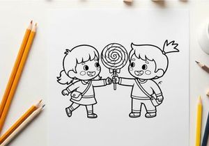 Children sharing lollipop happy friendship vector illustration