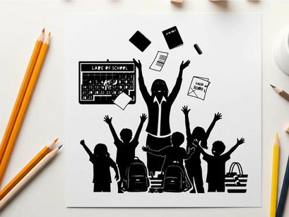 Silhouette of teacher and students celebrating last day of school