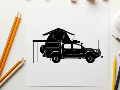 Silhouette of a truck with a rooftop tent on a white background