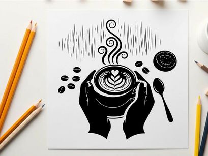 Silhouette of hands holding steaming cup of coffee silhouette