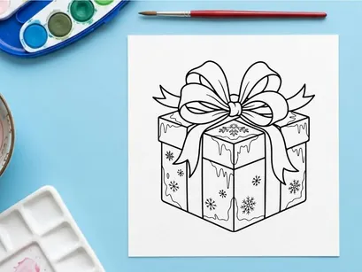 Christmas gift box with ribbon bow, black and white line art coloring page illustration.