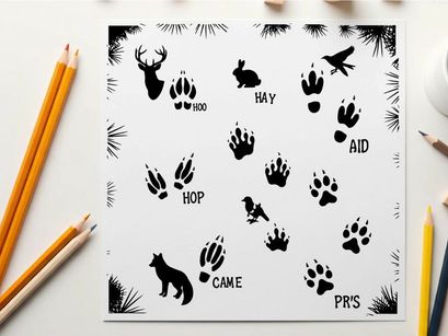 Animal silhouette collage with various footprints and creatures silhouette