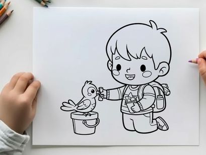 Cute boy feeding bird flat design vector illustration
