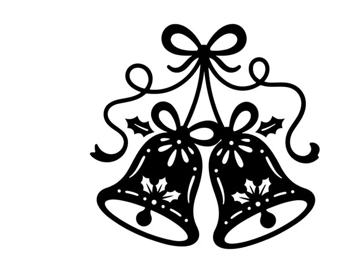 Black and white Christmas bells illustration with ribbon and holly leaf design elements.