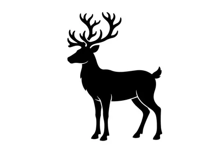 Black silhouette of a reindeer with large antlers isolated on a white background