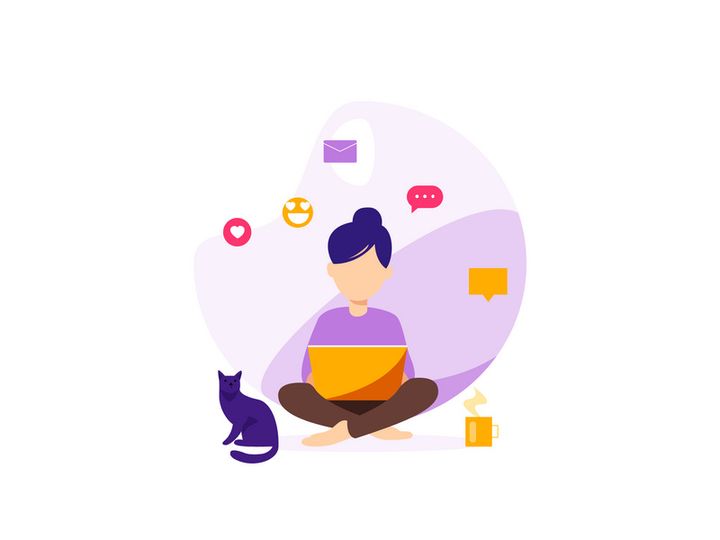 A girl with cat work at home