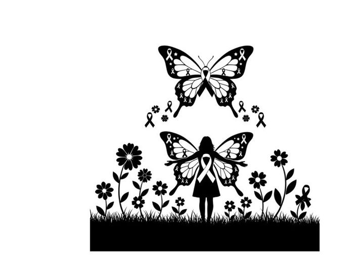 Silhouette of girl with butterfly and flowers and ribbons silhouette