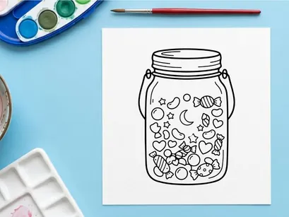 Hand-drawn jar filled with colorful moon and star shapes. Whimsical celestial-themed container illustration for creative projects.