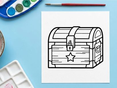 Hand-drawn wooden treasure chest with star lock. Vintage pirate box illustration for adventure and fantasy themes.