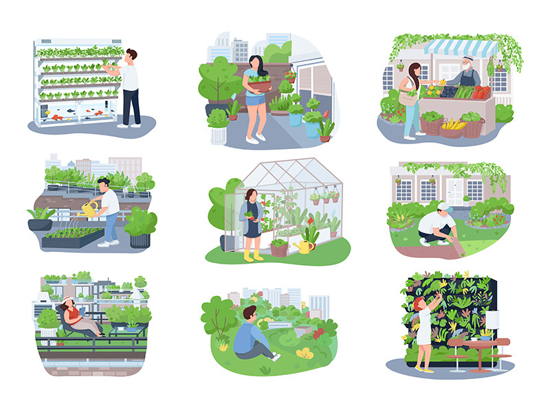Urban gardening 2D vector web banners, posters set
