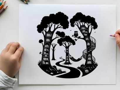 Whimsical forest silhouette with treehouses and winding path at dusk