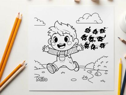 Cute boy celebrating with flying bats vector illustration