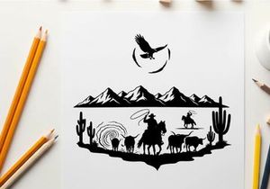 Western cowboy riding horse silhouette with mountains and cacti