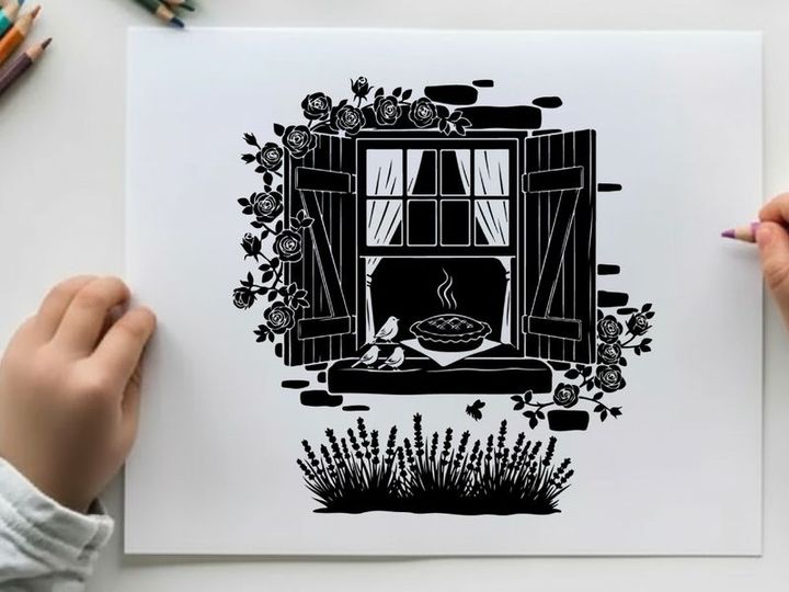 Silhouette of a cozy cottage window with flowers and a bird