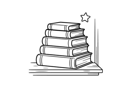 Pila de libros en un estante con un icono de estrella, ilustración navideña dibujada a mano.