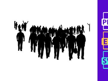 Silhouette of a large group of people walking together in unity and protest preview picture
