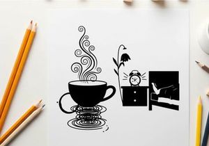 Silhouette of a steaming cup with flower and clock