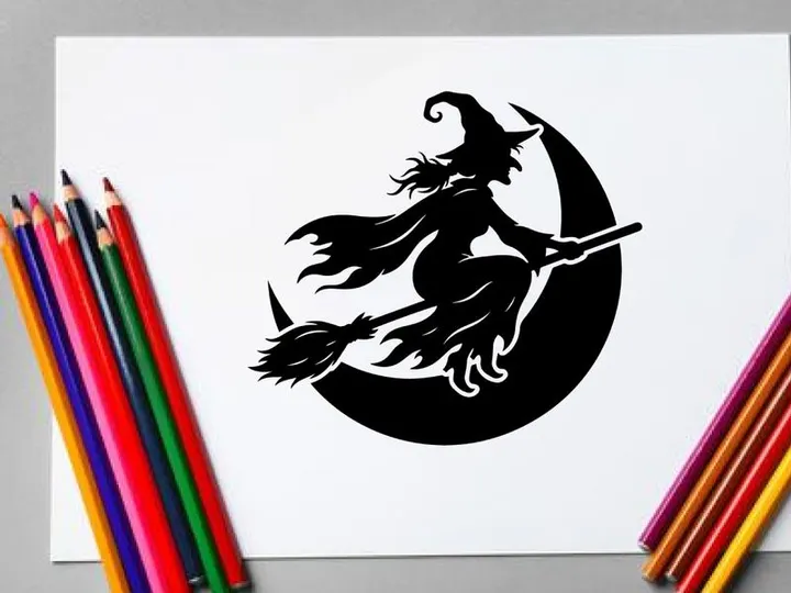 Witch Flying on Broomstick at Night with Full Moon