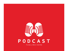 podcast logo with microphone and earphone audio, radio waves. for studio, talk show, chat, information sharing, interview, multimedia and web.