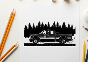 Silhouette of a pickup truck driving on a snowy road with trees