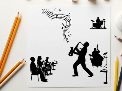 Jazz band silhouette with musical notes and instruments