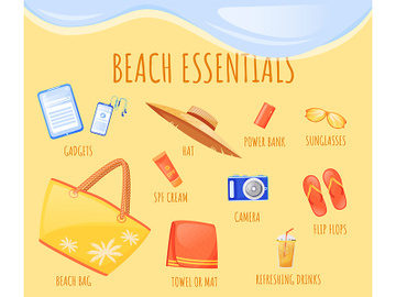Beach essentials flat color vector informational infographic template preview picture