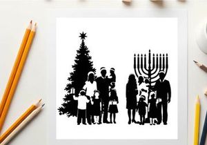 Holiday celebration silhouette of family by christmas tree and menorah