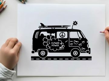 Silhouette of a psychedelic van with flower power silhouette preview picture