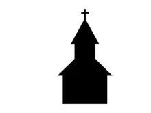 Black silhouette of a church building with a cross on a white background