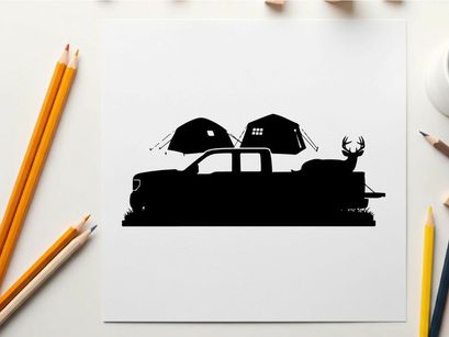 Silhouette of a pickup truck with tents and deer antlers