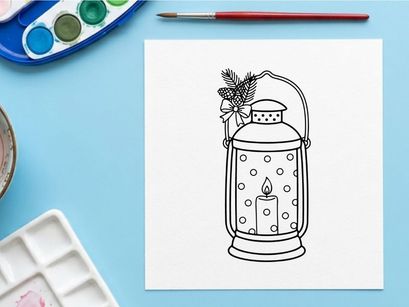 Weihnachts-Laternen-Linienkunst-Illustration mit Tannenzweig und Kerze für Weihnachtsdekoration