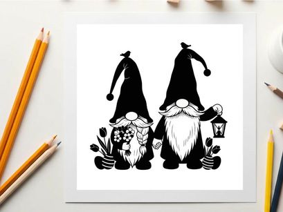 Two gnomes in silhouette with flowers and lantern