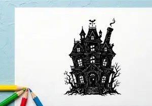 Geisterhaus-Illustration mit unheimlicher Architektur – Vektor-Silhouetten-ClipArt