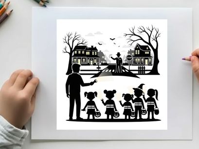 Halloween scene with silhouette of adults and children trick or treating