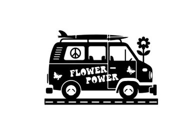 Flower power van silhouette with surfboard and peace sign preview picture
