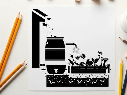 Rain barrel silhouette watering garden plants