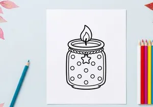 Candle in a glass jar coloring page. Cute dotted lantern illustration for kids.