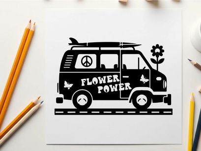 Flower power van silhouette with surfboard and peace sign