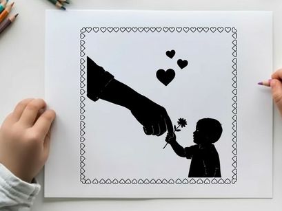 Silhouette of a child receiving a flower with hearts