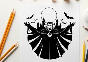 Vampire silhouette with bats and castle in moonlight