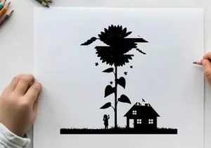 Silhouette of a person standing next to a giant sunflower and house