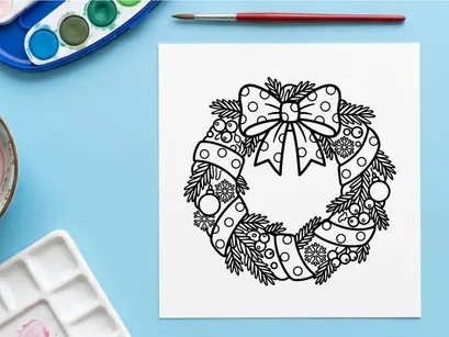 Página para colorir de grinalda de Natal com laço festivo e enfeites para atividades de arte natalina