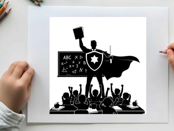 Silhouette of a heroic teacher standing in front of a classroom