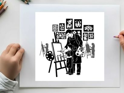 Silhouette of artist and child painting together in an art studio